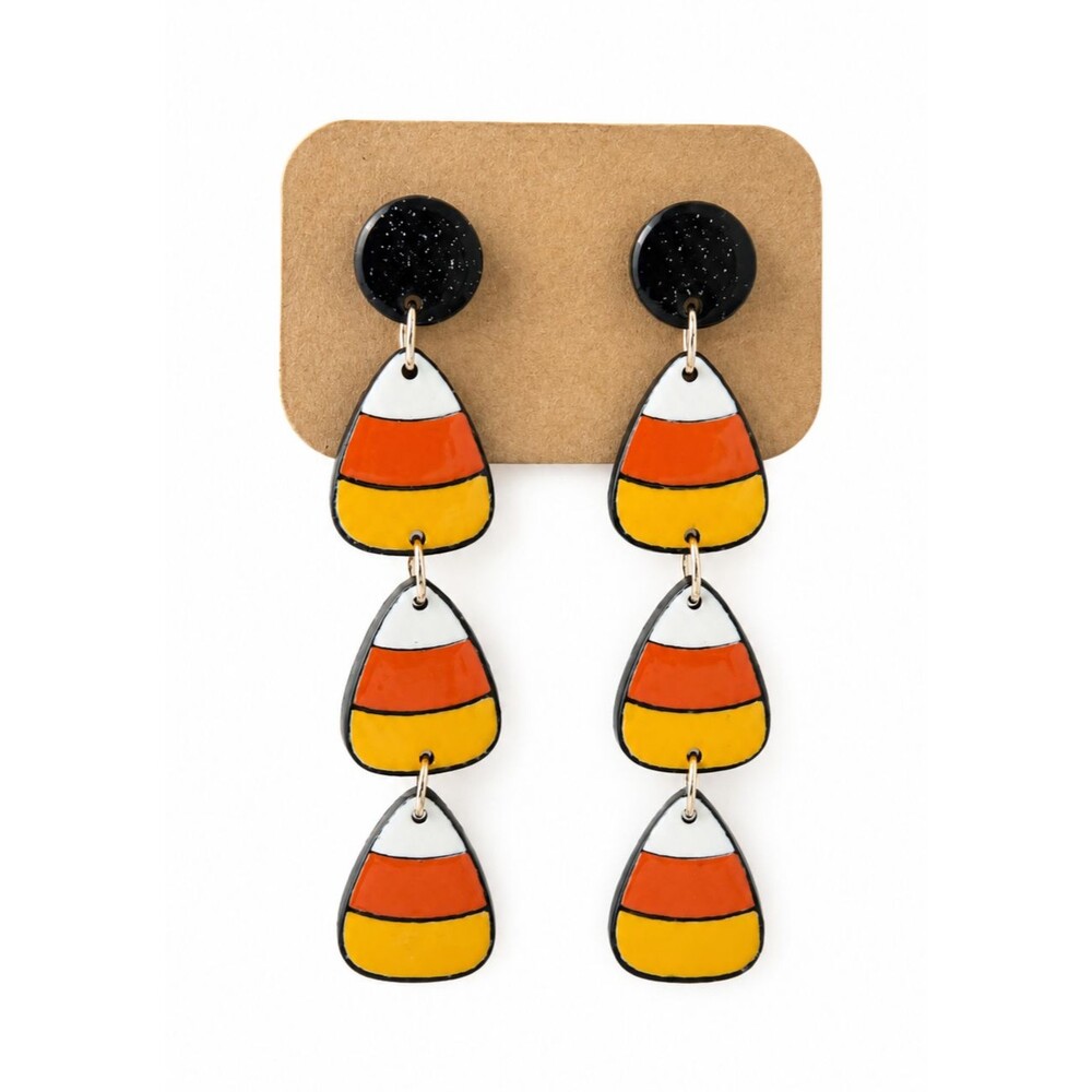 Halloween Candy Corn Acrylic Glitter Triple Drop Dangle Earrings Spooky Cute NEW